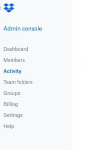 Activity tab under Admin console in Dropbox