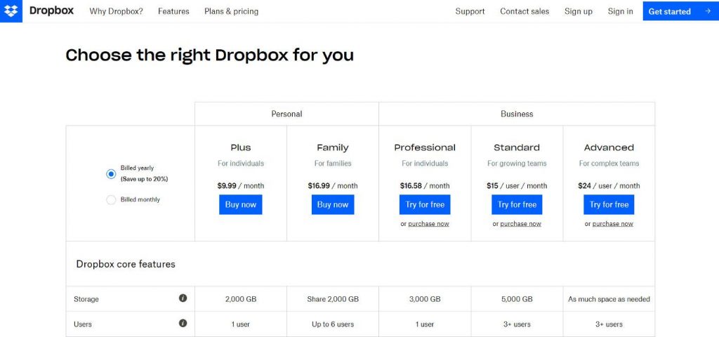 Dropbox price plans