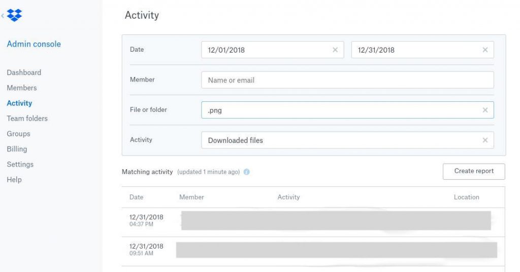 Filtering activities in business account on dropbox