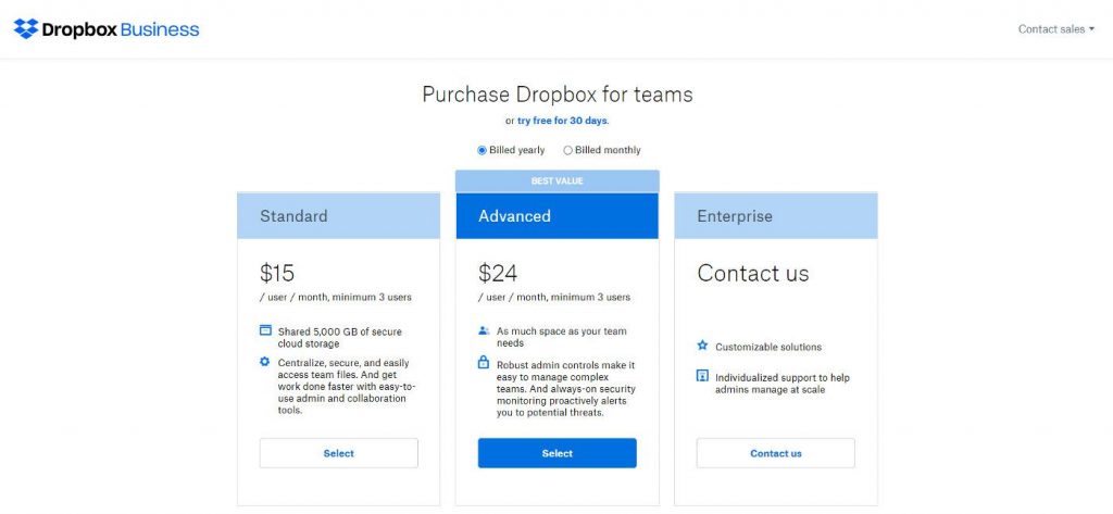 Select the desired business plan to upgrade dropbox account