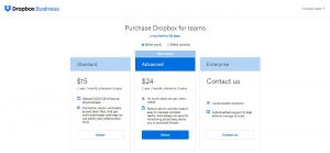 Select the desired business plan to upgrade dropbox account