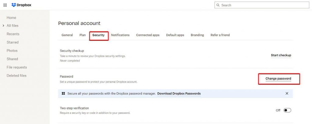 Change dropbox account password - Step 2
