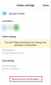 Choose remove from my dropbox option on iPhone to unshare a shared folder