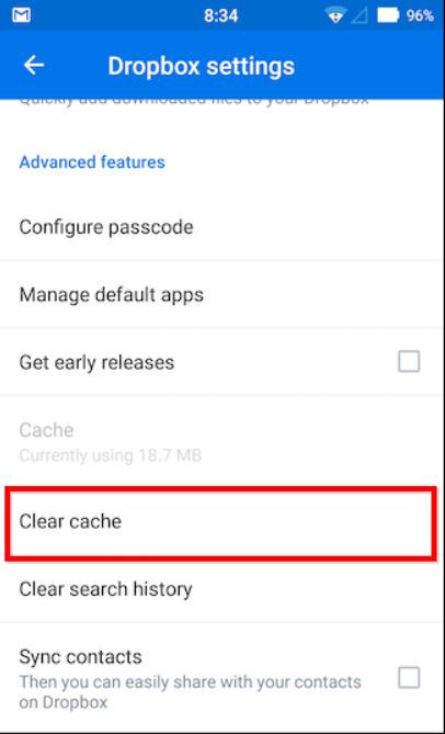 Clear dropbox app cache on Android - Step 2