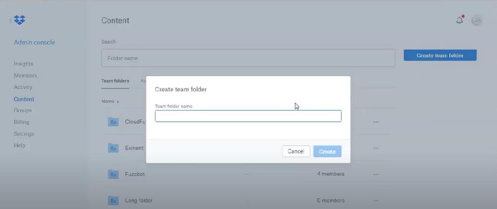 Create team folder in dropbox business account -Step 3