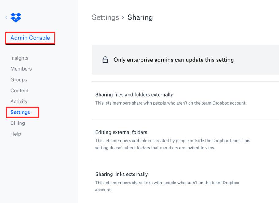 Disable viewer info for dropbox business account - Step 1