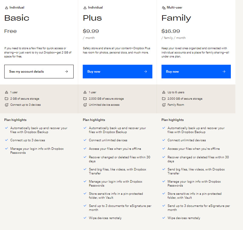 Dropbox Personal Account Pricing Plans