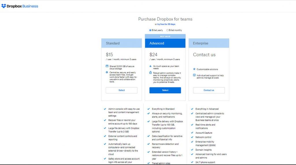 Purchase dropbox business account plan