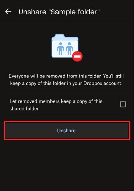 Unshare a shared dropbox folder to remove on android device